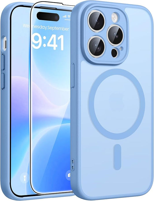 FNTCASE for iPhone 14 Pro Case: [Compatible with Magsafe] Translucent Matte Cases with [Full Camera Protection] [Screen Protector] Military Grade Shockproof Protective Phone Cover - Light Blue