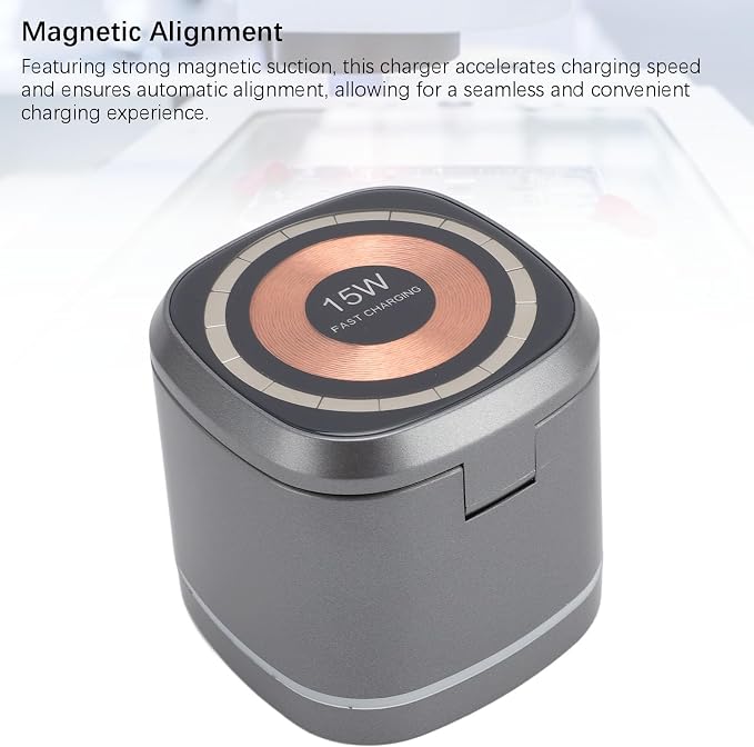 Wireless Charger, 3 in 1 Fast Charging Station 15W Output, Strong Magnetic Alignment, Hidden Earbud Pad for Smartphone, Smartwatch, Earphones