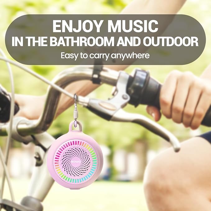 Bluetooth Shower Speaker Waterproof - Small Portable Bluetooth Speaker Wireless with Clip - Powerful Bass and Louder Volume - Colorful Lights and Lightweight