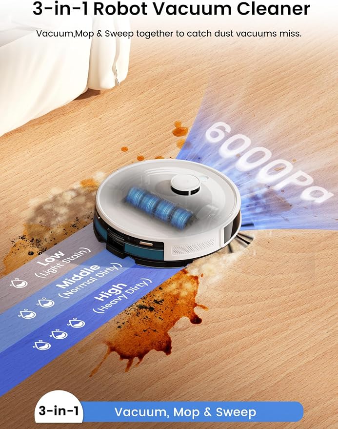 Lefant Robot Vacuum and Mop,75-Day Self-Emptying,6000Pa Powerful Suction,Customized Cleaning,Home Mapping, 140 Min Runtime, Roller Brush for Carpet,2.4G/5G WiFi/Alexa/APP/iWatch,M2 Plus