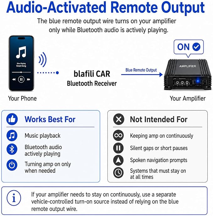 CAR Bluetooth Receiver with RCA Output for Car, Truck & Marine | Bluetooth 5.2, aptX Adaptive HD, 12V 24V compatible, ACC wire required, audio activated remote output, no micphone