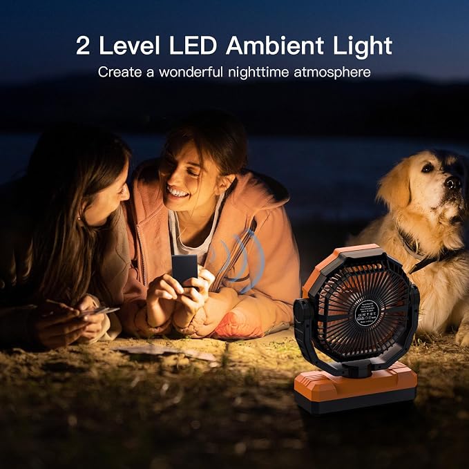 FRIZCOL 3-in-1 Camping Fan - Portable Fans Rechargeable - 24000mAh Detachable Battery Powered Fan with Light & Remote for Indoor Outdoor, Tent, Travel, Fishing, Jobsite, Gifts for Men Dad Him - Orange
