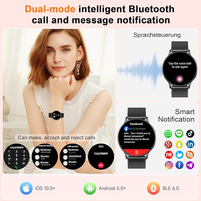 Jugeman Smart Watch for Women, 1.32" AMOLED Screen Fitness Tracker with Bluetooth Calling (Answer/Make Calls), Step Heart Rate Sleep Monitor, IP68 Waterproof Watch for Android/iPhone (Black)
