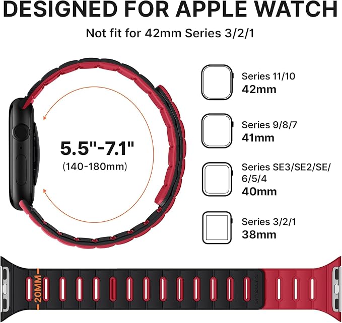 Bandletic Double Sided Magnetic Band Compatible with Apple Watch Bands for Women 42mm(Series 11 10) 41mm 40mm 38mm, Sport Magnet Strap Replacement for iWatch Series 9 8 7 6 5 4 SE3 SE2 3-1, Black Red