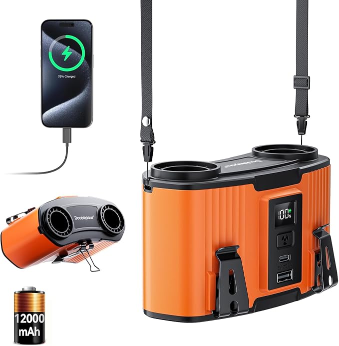 Doublepow 12000mAh Portable Waist Fan, Personal Waist Fan, Dual Air Ducts Motors, USB Rechargeable Clip On Belt for Working, 10 Speeds & 23H Wearable Neck Cooling, for Outdoor, Work, Travel (Orange)