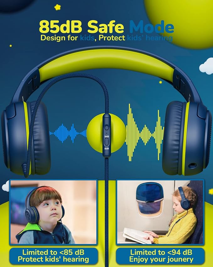 awatrue Kids Headphones for School Travel, 85/94dB Safe Volume Limit, 3.5mm Jack, HD Mic, Portable Wired Headphone with Shareport, Stereo Sound On-Ear Headphones for Toddler Kids Girls Boys Bluegreen