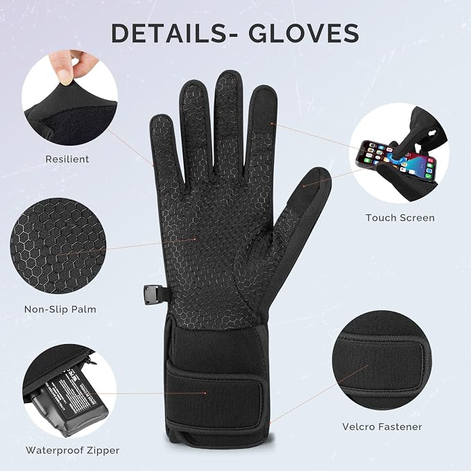 Heated Glove Liners for Men & Women, Thin Flexible Rechargeable Electric Gloves with Long-Lasting Battery for Typing
