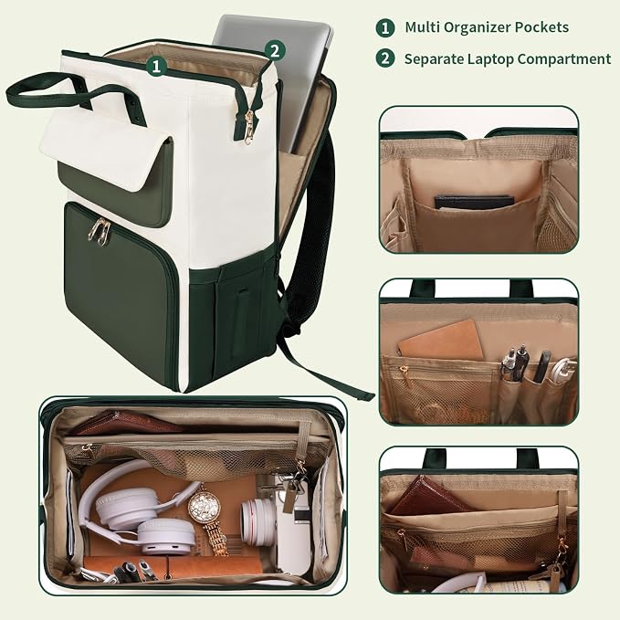BERTASCHE Lunch Backpack for Women, 15.6 Inch Laptop Backpack with Insulated Cooler Lunch box, Nurse Backpack for Teacher Work Travel College Picnic,Green-Beige
