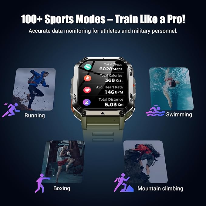 Military Smart Watches for Men，Smart Watch for Android iPhone with Large 2.01"Fitness HD Display/Flashlight/100-Day Battery/Compass/Heart Rate/120+ Sports Modes/IP68 Waterproof Smartwatch （2 Straps)