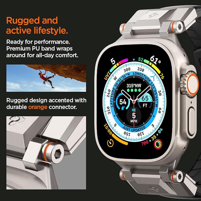 Spigen DuraPro Armor Durable Metal Connector Strap Designed for Apple Watch Band Compatible with Ultra 2/1 49mm, Series 10 46mm, 9/8/7 45mm, SE2/SE/6/5/4 44mm, 3/2/1 42mm