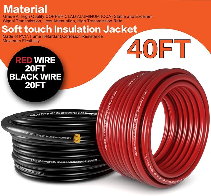 1/0 Gauge Wire(20ft Each - Red/Black) Copper Clad Aluminum CCA with 250A ANL Fuse Holder,20pcs Lugs Terminal Connectors & 3:1 Heat Shrink Tube for Power/Auto,Amplifier,Ground Cable