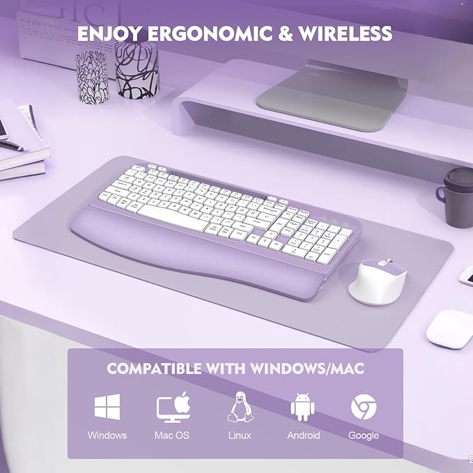 Wireless Keyboard and Mouse Combo, Full-Sized Ergonomic Wave Keys Keyboard with Memory Foam Wrist Rest & Phone Holder, 2.4G Quiet Keyboard Mouse Work Setup for PC Laptop, Office or Home (Purple)