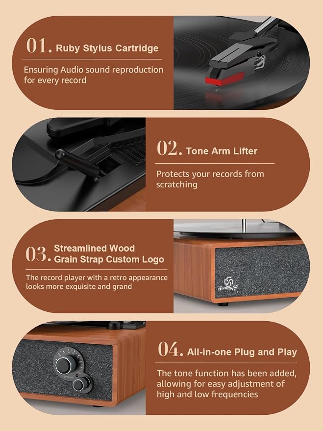 Record Player Built-in Stereo Speakers Vintage Turntable for Vinyl Records LP Phonograph Auto Stop Tone Adjustment Belt Drive 3 Speed 3 Size Support Wireless Input RCA Output Retro Wooden Walnut