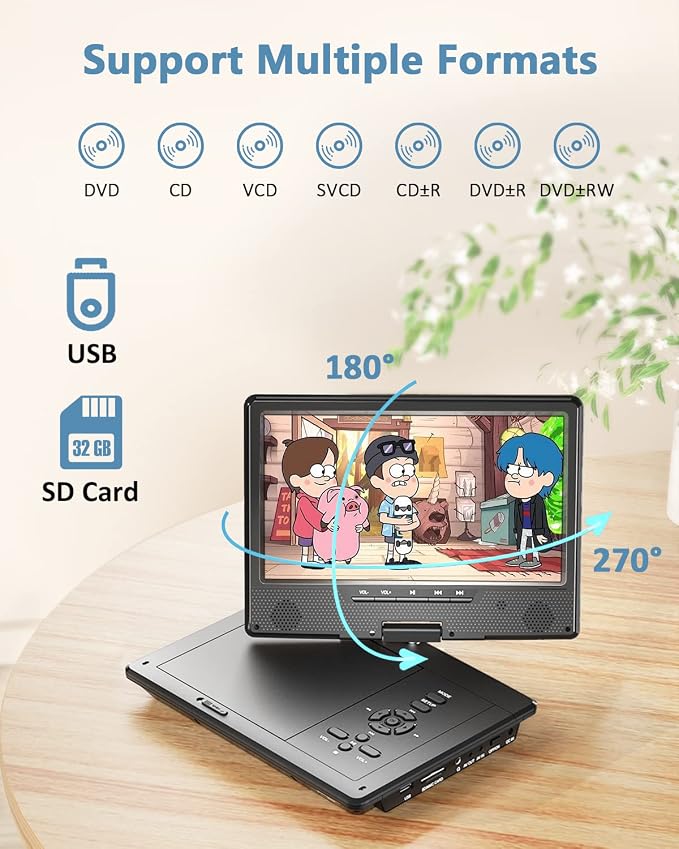 Arafuna 12.5" Portable DVD Player for Car, 10.5" HD Swivel Screen with Car Headrest Holder, 5-Hour Rechargeable, Support USB/SD/Sync TV, Regions Free, Last Memory