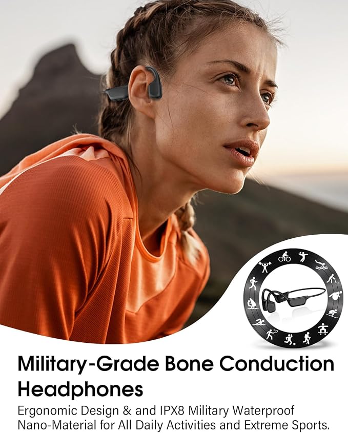 Bone Conduction Headphones, IPX8 Waterproof Swimming Headphones, Open Ear Headphones with MP3 Mode 32GB Memory Up to 12 Hours Playtime, Bluetooth 6.0 Earbuds Secure Fit for Running and Fitness