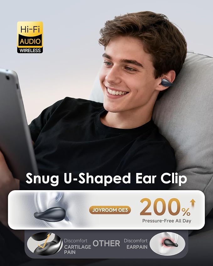 King Lucky Clip-On Earbuds,Comfort Air Cushion Open Ear Earbuds Wireless Bluetooth 6.0 Multipoint, Open Ear Headphones with Mic,Anti-Mistouch,45H Playtime for Sports,Small Ears&Sleep (Black)