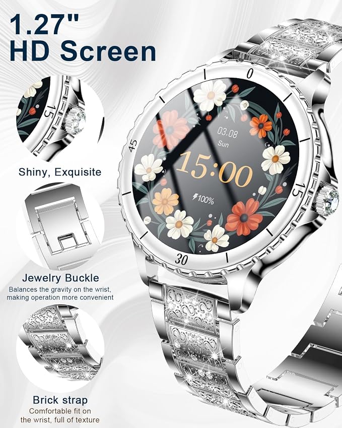 Smart Watches for Women, 1.27" HD Smartwatch with Diamond Strap Compatible Android/iOS, Answer/Make Call, IP68 Waterproof Fitness Tracker with Heart Rate, Sleep Monitor, 120+ Sports, Silver