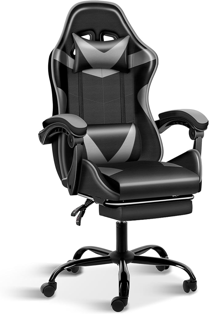 Gaming Chair, Ergonomic Computer Chair with Footrest and Lumbar Support, Height Adjustable Office Chair with 360° Swivel Seat and Headrest (Black & Grey)