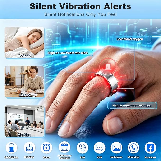 XUV Smart Health Ring for Women Men, Waterproof Smart Ring with Heart Rate/Emergency Alert/Daily Reminders/Sleep/Sport Report– No Subscription Fee, Compatible with iOS & Android(Silver, 11)