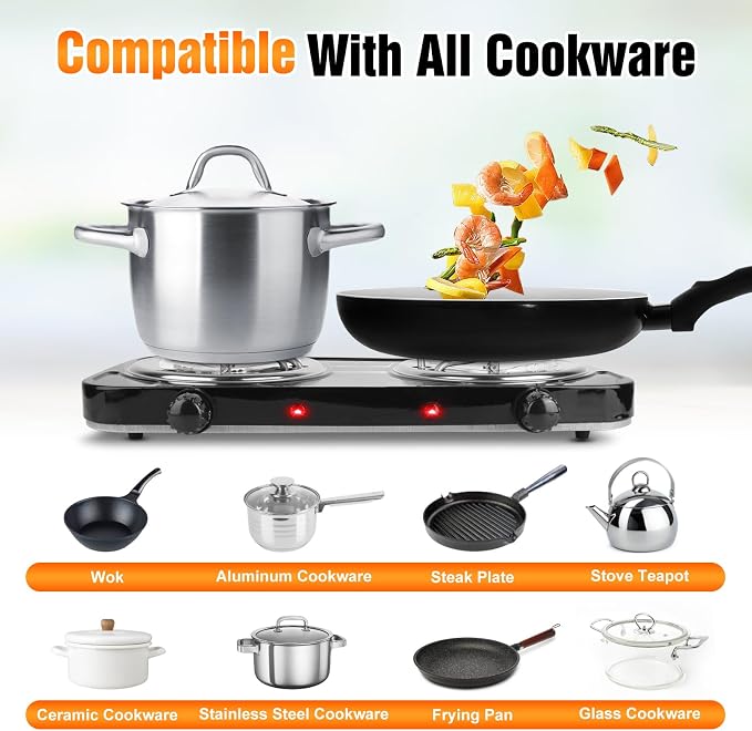 2000W Double Burner Cooktop, Portable Electric Stove, Coil Hot Plate Cooking Stove with 5 Temperature Adjustments, Countertop Burner Cooktop for Camping Home Dorm