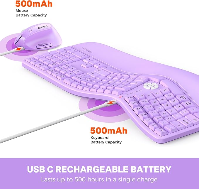 MEETION Ergonomic Wireless Keyboard and Mouse, Curved Keyboard with Vertical Mouse, Split Ergo Keyboard with Wrist Rest, Natural Typing Rechargeable Full Size, Windows/Mac/PC/Laptop, Purple