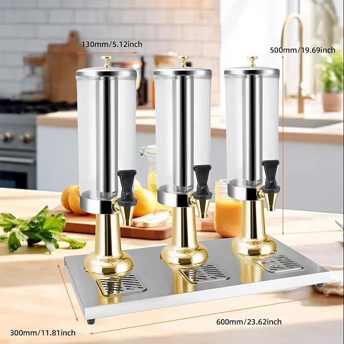 Hot and Cold Beverage Dispenser with Stand, 2.38 Gallon All-in-One Commercial Drink Dispenser with Ice Core&Stainless Steel Drip Trays for Parties, Beer Bar, Coffee (3 Head-2.38 GAL, GOLD)