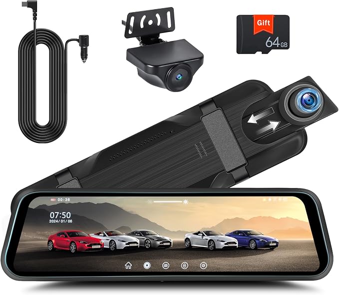 Rear View Mirror Camera, Mirror Dash Cam for Car 1080P Front & Rear Mirror Cameras 9.66 Inch HD IPS Full Touch Screen 64G Card Night Vision Motion Detection Loop Recording 24H Parking Monitor