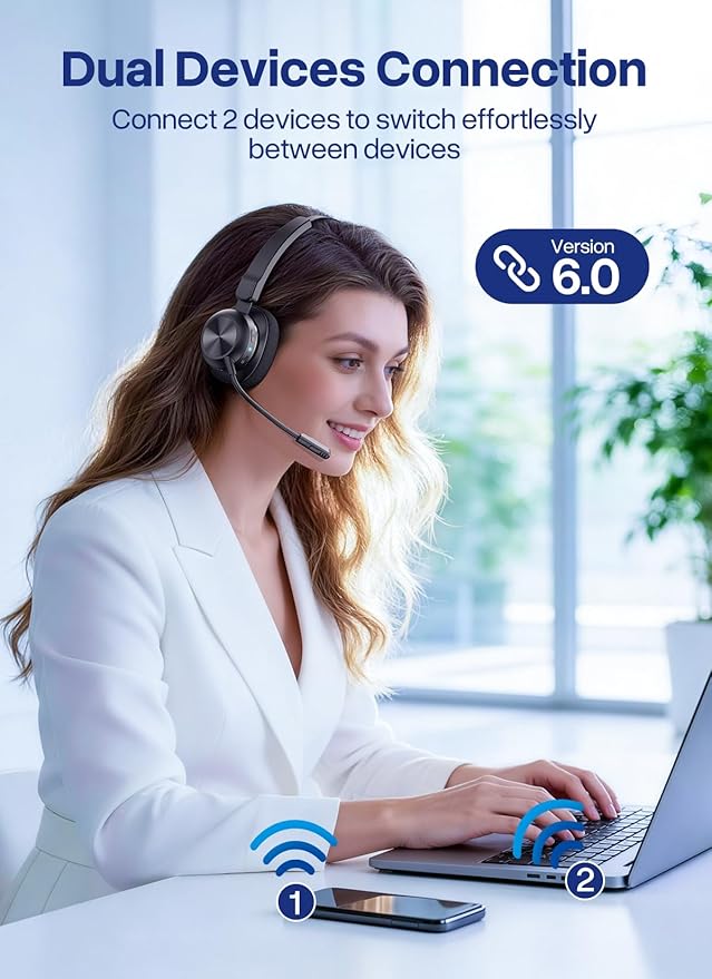 Bluetooth Headset with USB Dongle, Trucker Bluetooth Headset with AI Noise Cancelling Microphone & Mute Button, 50Hrs Single Ear Wireless Headphones for Truck Driver Phone Computer PC Office Work
