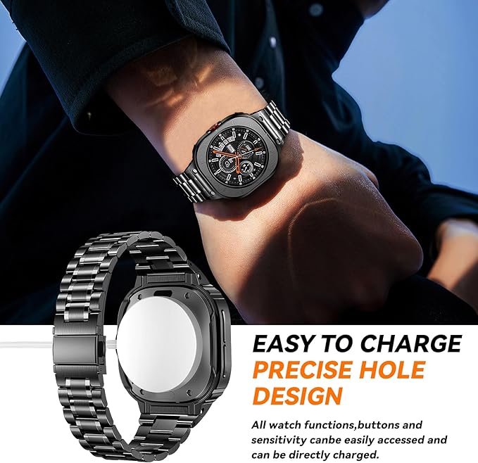 BAITEYOU Stainless Steel Bands with Case Compatible with Samsung Galaxy Watch Ultra 2/1 47mm (2025 2024), Rugged Protector Cover Metal Band for Galaxy Watch 7 8 Ultra for Men (Black)