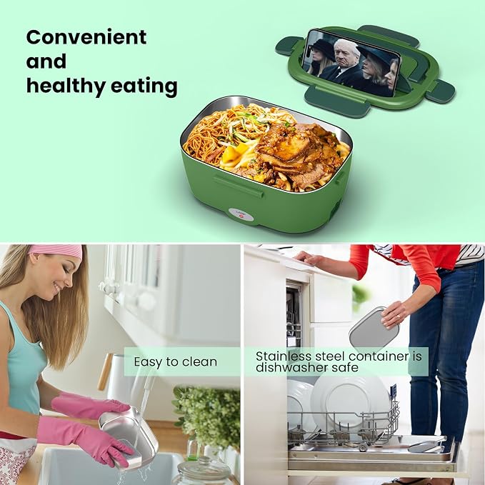 Sitlais Electric Lunch Box for Adults - Fast Heating Portable Food Warmer with 2 of 53oz 304 Stainless Steel Containers 12V/24V/110V Heated Lunch Box for Men&Women Work Office Truck Travel lonchera