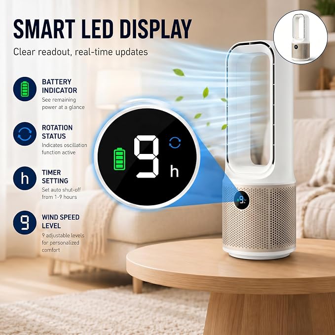 13.5" Bladeless Desk Fan, Quiet USB Rechargeable Portable Fan with 9 Speeds, 60° Oscillation, 1-9H Timer & 3-Level LED Night Light, Personal Cooling Fan for Bedroom, Office Desktop, Child & Pet Safe