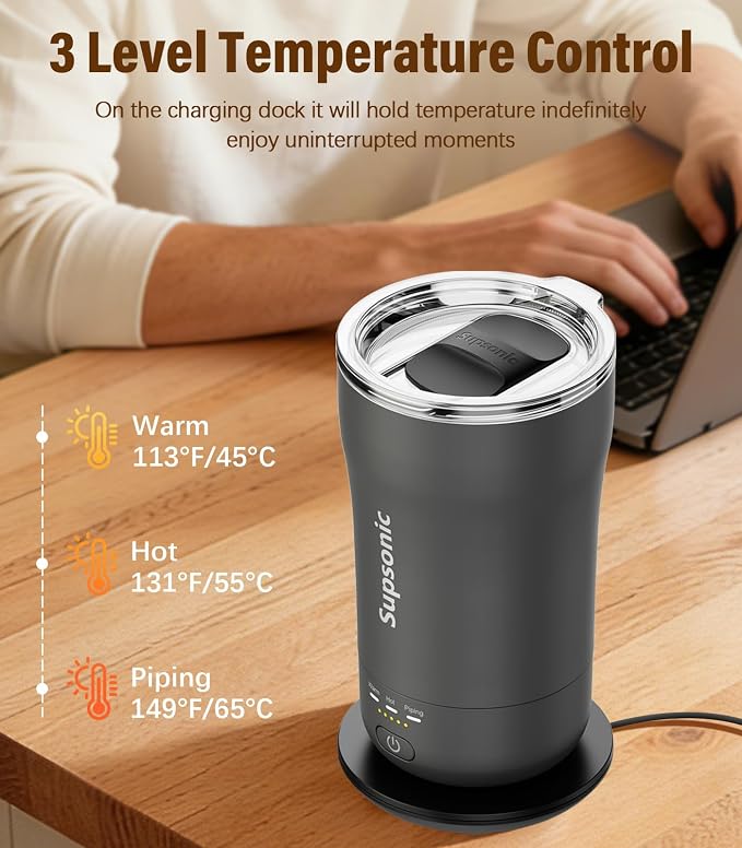 Supsonic - 14oz Heated Coffee Mug, Self-Heating Travel Mug with 3-Temp Settings, Insulated Stainless Steel Constant Temperature Heating Mug for Beverage, Smart Heating Portable Coffee Mug | S1