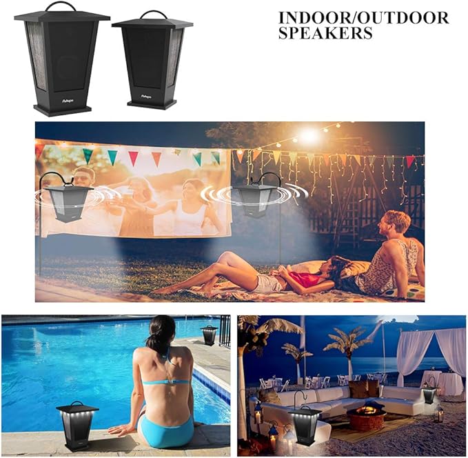 pohopa Bluetooth Speakers Waterproof, 2 Packs True Wireless Stereo Sound 20W Dual Pairing Lantern Indoor Outdoor Speakers with 20 Piece LED Lights, Rich Bass, Pinao Black