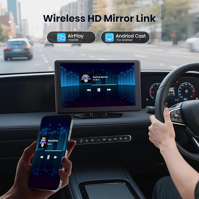 9" Wireless Apple CarPlay & Android Auto Screen for Car | 4K Dash Cam, 1080P Backup Camera, GPS Navigation, Mirror Link, Voice Control, Bluetooth – Fits All Vehicles