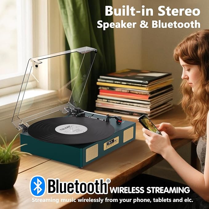 Vinyl Record Player with Enhanced Speakers, Wireless Bluetooth Playback, USB/SD Recording, 3-Speed Belt Drive Turntable, Vintage LP Player Support RCA Output AUX Input EQ,Dark Green