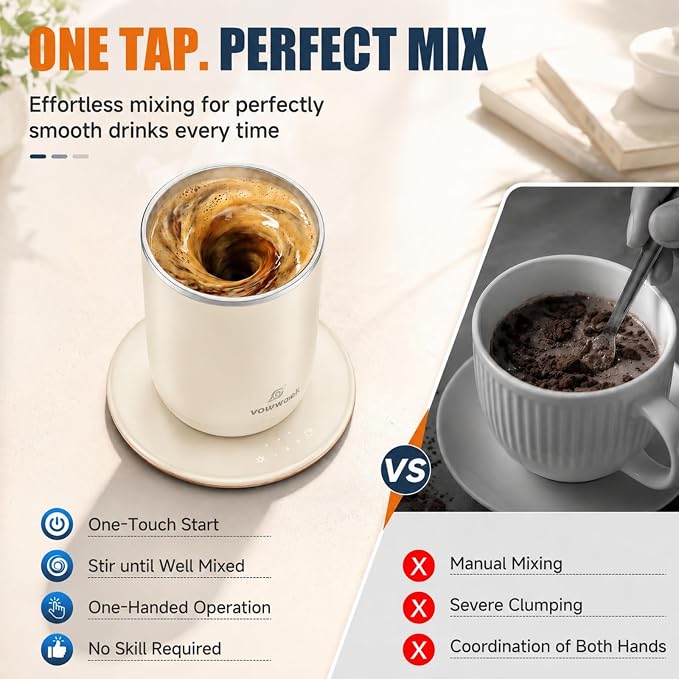 Self Stirring Heated Coffee Mug, 10 oz Auto Magnetic Mixing Cup, White | 304 stainless steel interior. Includes 3 heat settings, 8H auto shut-off, plug-in base for home office desk