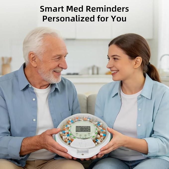 JULOS Automatic Pill Dispenser with 9 Alarms & Front Safety Lock for Elderly & Dementia Care – Sound/Light Reminders, Up to 9 Daily Doses, 28 Compartments Medication Organizer, Clear Lid