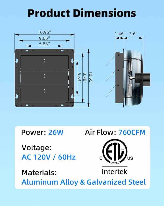8'' Upgraded Shutter Exhaust Fan with Thermostat & Remote, 760 CFM Wall Mounted Attic Exhaust Fan, Auto On/Off by Temperature for Garage, Greenhouses, Sheds, Chicken Coops & Basement
