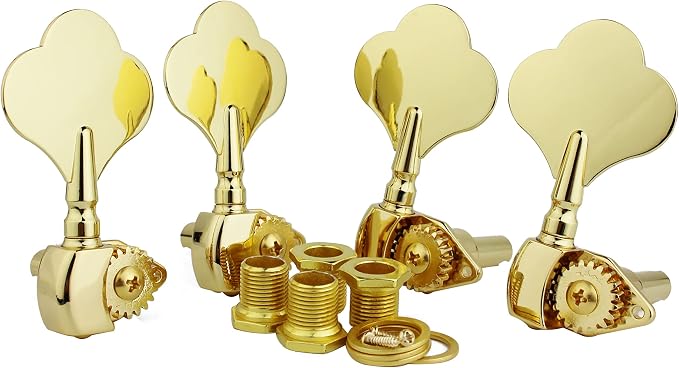 Guyker Open Frame Electric Bass Machine Head (4 Right handed) - 1:20 Ratio Gear Tuners Tuning Key Pegs - golden
