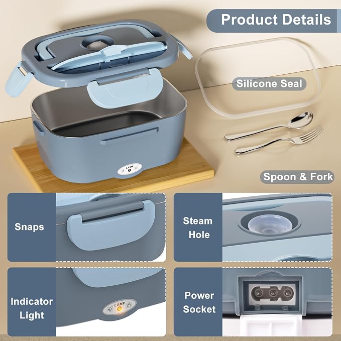 Akhia Electric Lunch Box for Adults, 80W/1.5L Heated Lunch Box for Men Work Car Truck, Portable Food Warmer Lunch Box Upgraded with Fork&Spoon and Insulated Carry Bag, 12V/24V/110V