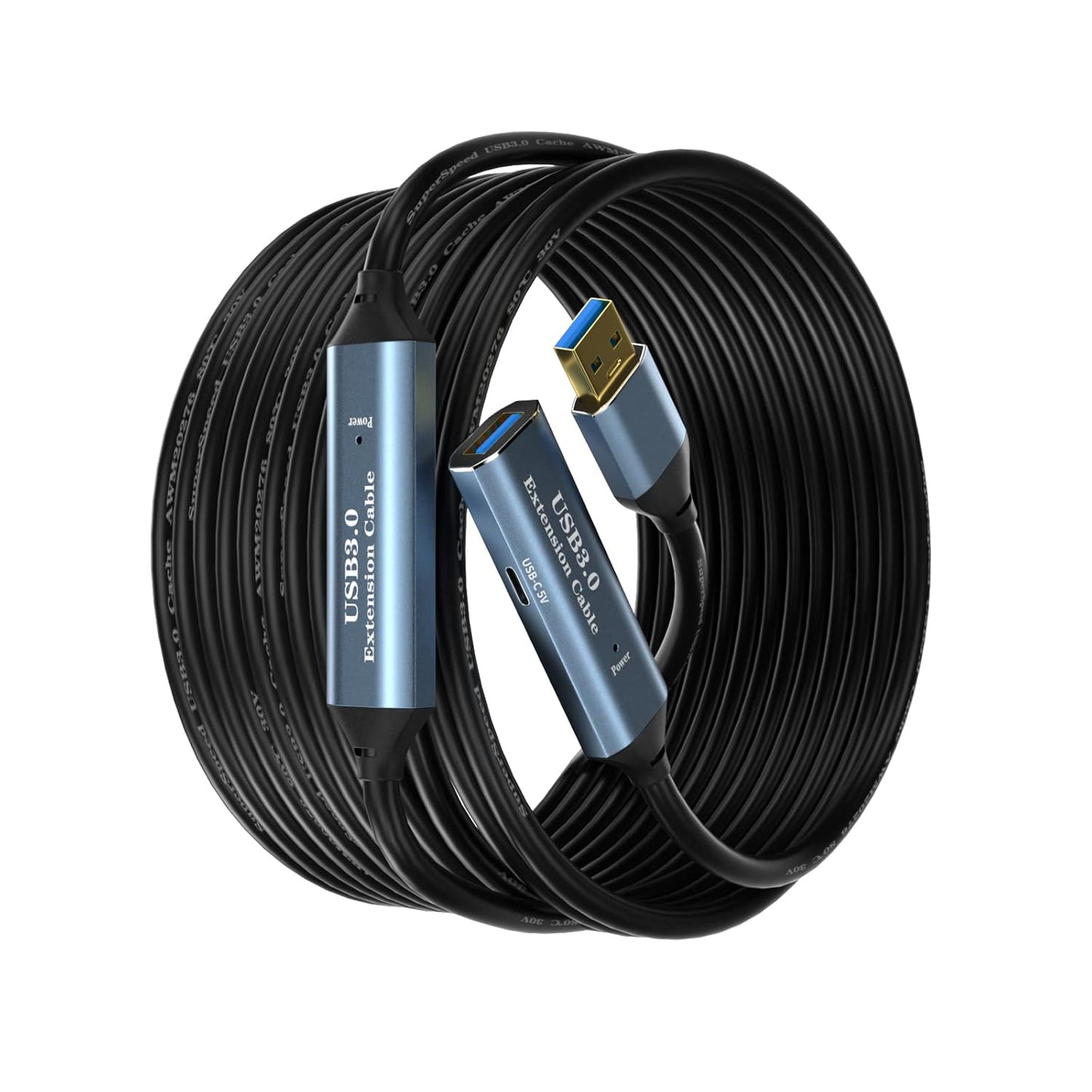 USB 3.0 Extension Cable 80FT Type A Male to Female Active Extender Cord with 4 Extension Chipsets Signal Booster and 1 USB-C Charging Port, for Webcam, PlayStation, Printer, Camera