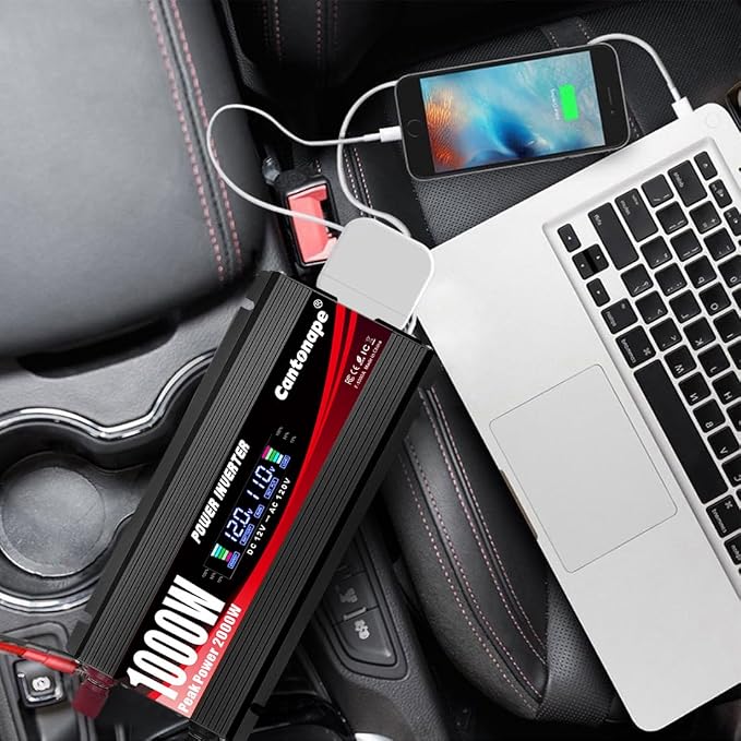 Cantonape 1000W Car Power Inverter DC 12V to 110V/120V AC Converter with LCD Display 2 AC Outlets, 3.0A USB and Type-C Car Inverter for RV Camping Laptop Truck Vehicle