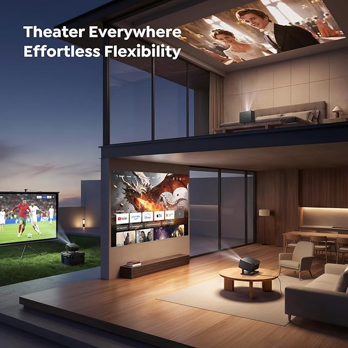 Smart Projector [Bundled with Google TV Stick & 4K Support] with WiFi and Bluetooth, Portable Mini Movie Short Throw Projector Outdoor with Built-in Apps Auto Focus for Home Theater Bedroom Ceiling