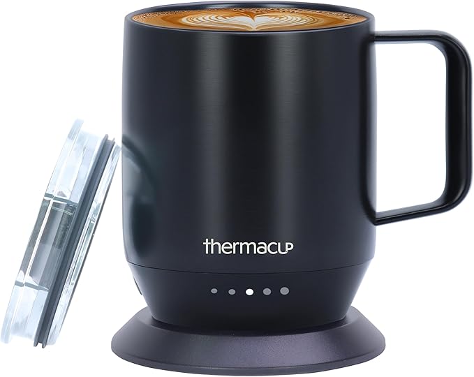 THERMACUP Premium Self Heating Coffee Mug, Temperature Controlled Heated Cup, Long Battery Life, Portable Electric Mug Warmer, Stainless Steel, Gift for Coffee Lovers, Home & Office (Black)