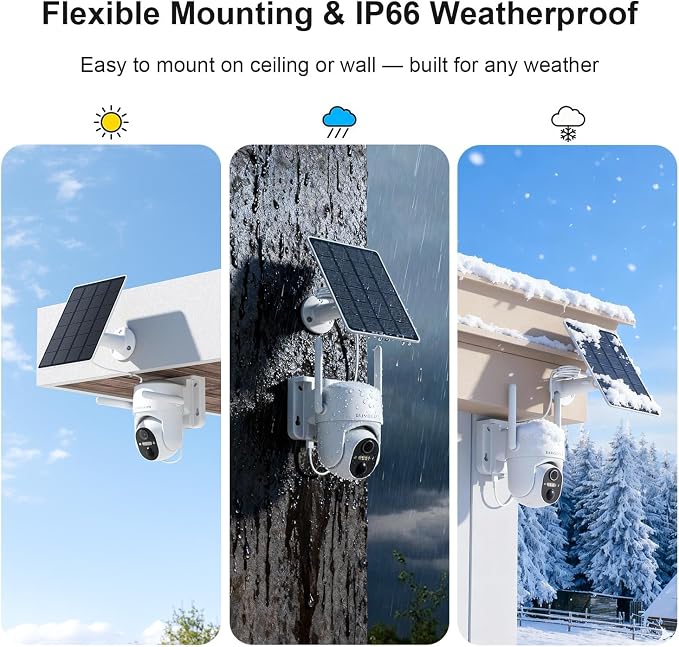 Solar Security Cameras Wireless Outdoor, Free Cloud Storage, WiFi Cameras for Home Security, 360° View Outdoor Camera Wireless, 2K Color Night Vision, AI Motion Detection, Instant Alert, 2-Way Audio