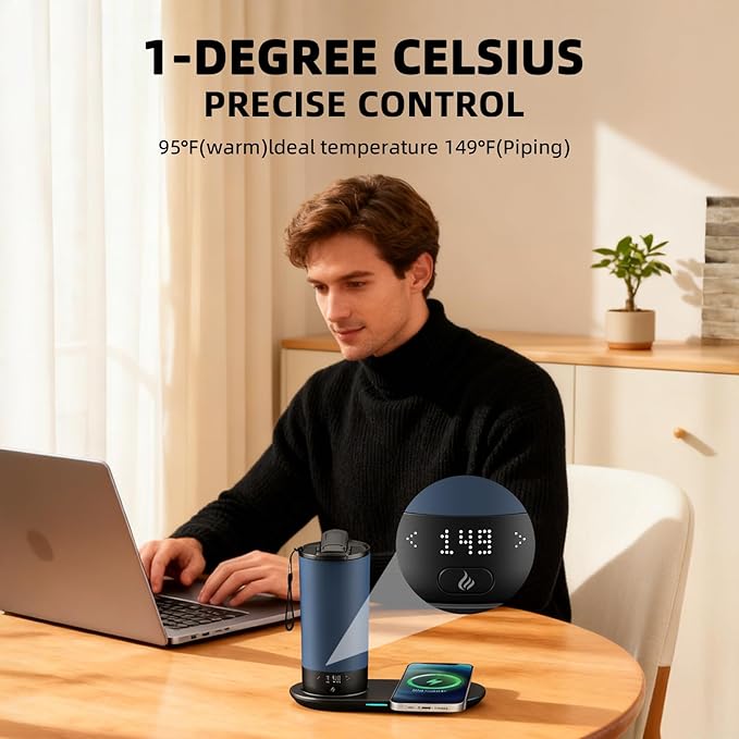 Temperature Control Heated Travel Mug Smart Self Heating Coffee Mug 20 Oz App Controlled LED Display coffee serving sets mug kept at a constant temperature for 4-10 hours (Navy Blue, 20 oz)