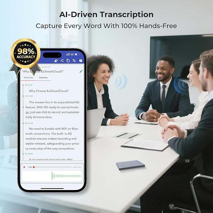 4G AI Voice Recorder - No WiFi/Bluetooth Needed, Transcribe & Summarize with AI Technology, App-Controlled, Supports 88 Languages, Audio Recorder for Lectures, Meetings, Interviews and Calls