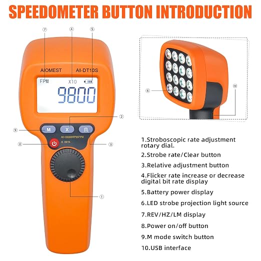 Digital LED Stroboscope Measuring 60~99,999 RPM/Hz, Non-Contact Tachometer Adjustable Strobe Light Timing Speedometer for HVAC Motor Engine Speed Tester, Handheld Estroboscopio 0.001% High Accuracy | Brighter 1500 Lux LED for Sharper Image, Freeze Moti...