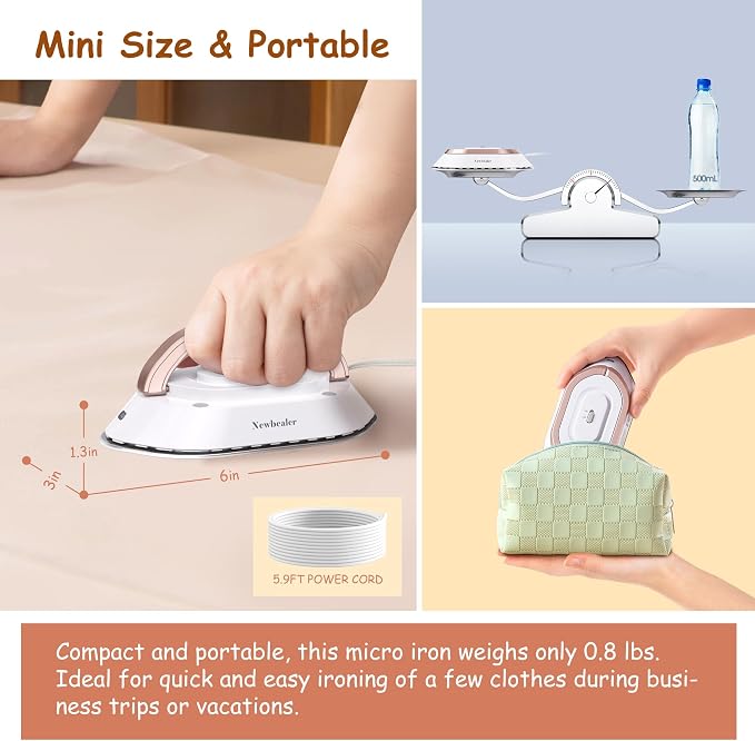 Newbealer Travel Iron bundle with Affordable Steamer for Clothes, Dry Iron and Powerful Steamer, Portable for Travel and Home Use