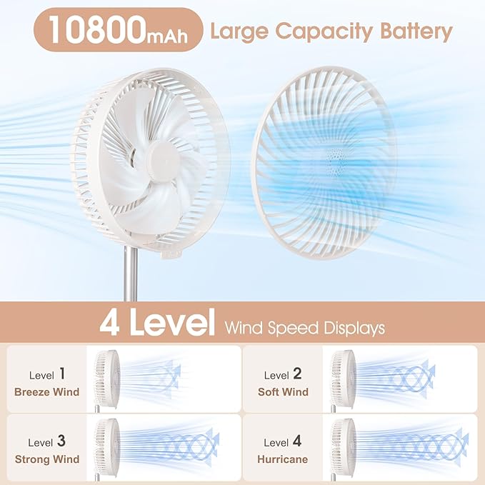 10800mAh Oscillating Portable Fan, Foldable Rechargeable Standing Fan with Remote, 4 Speeds, 2-8H Timer, Aroma Diffuser, 3-Level Night Light, Quiet Cooling for Camping Travel Office Bedroom